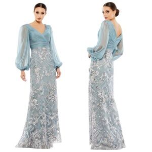 Mac Duggal Blue Illusion Puff Sleeve Pleated Bodice Embellished Gown Size 16